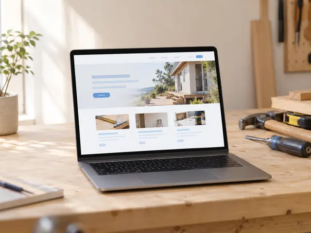 Site vitrine d'artisan affiché sur un ordinateur portable posé sur un établi en bois